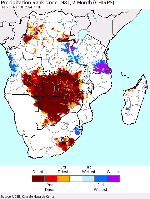 Southern Africa Precipitation Rank since 1981, 2-Month (CHIRPS) Thematic Map For 2/1/2024 - 3/31/2024