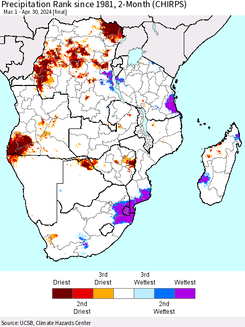 Southern Africa Precipitation Rank since 1981, 2-Month (CHIRPS) Thematic Map For 3/1/2024 - 4/30/2024