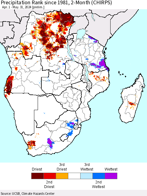 Southern Africa Precipitation Rank since 1981, 2-Month (CHIRPS) Thematic Map For 4/1/2024 - 5/31/2024