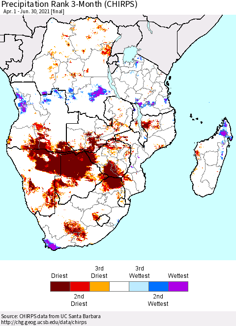 Southern Africa Precipitation Rank since 1981, 3-Month (CHIRPS) Thematic Map For 4/1/2021 - 6/30/2021