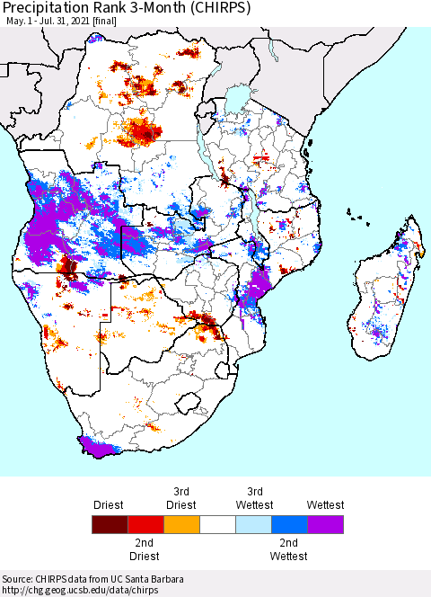 Southern Africa Precipitation Rank since 1981, 3-Month (CHIRPS) Thematic Map For 5/1/2021 - 7/31/2021