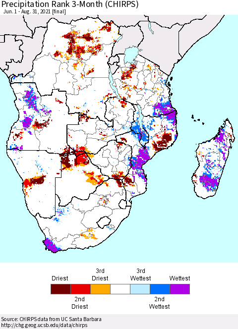 Southern Africa Precipitation Rank since 1981, 3-Month (CHIRPS) Thematic Map For 6/1/2021 - 8/31/2021