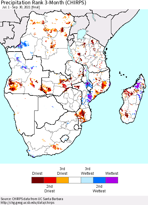 Southern Africa Precipitation Rank since 1981, 3-Month (CHIRPS) Thematic Map For 7/1/2021 - 9/30/2021