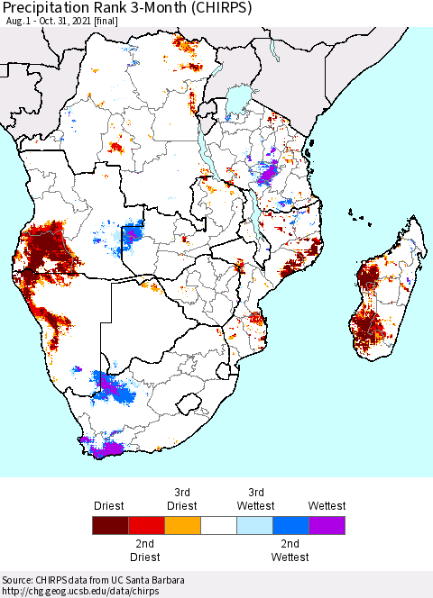 Southern Africa Precipitation Rank since 1981, 3-Month (CHIRPS) Thematic Map For 8/1/2021 - 10/31/2021