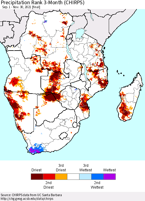 Southern Africa Precipitation Rank since 1981, 3-Month (CHIRPS) Thematic Map For 9/1/2021 - 11/30/2021