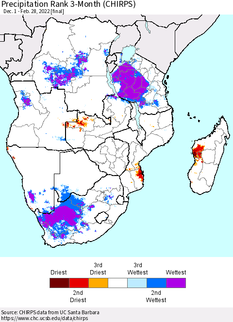 Southern Africa Precipitation Rank since 1981, 3-Month (CHIRPS) Thematic Map For 12/1/2021 - 2/28/2022