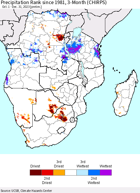 Southern Africa Precipitation Rank since 1981, 3-Month (CHIRPS) Thematic Map For 10/1/2023 - 12/31/2023