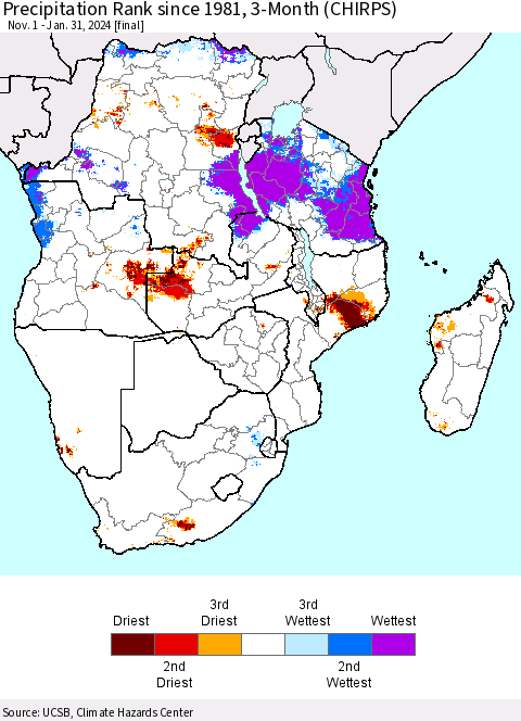 Southern Africa Precipitation Rank since 1981, 3-Month (CHIRPS) Thematic Map For 11/1/2023 - 1/31/2024