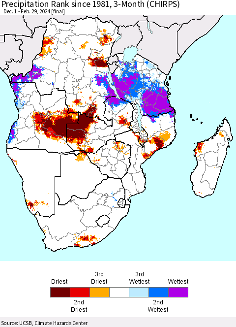 Southern Africa Precipitation Rank since 1981, 3-Month (CHIRPS) Thematic Map For 12/1/2023 - 2/29/2024