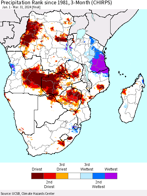 Southern Africa Precipitation Rank since 1981, 3-Month (CHIRPS) Thematic Map For 1/1/2024 - 3/31/2024