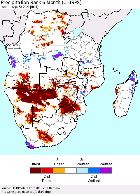 Southern Africa Precipitation Rank since 1981, 6-Month (CHIRPS) Thematic Map For 4/1/2021 - 9/30/2021