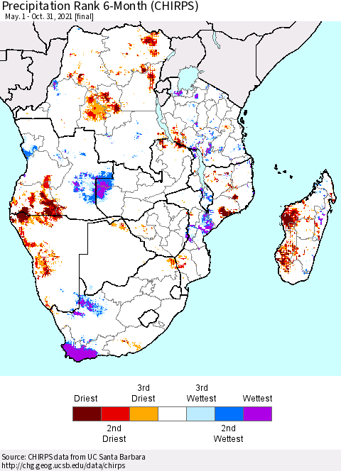 Southern Africa Precipitation Rank since 1981, 6-Month (CHIRPS) Thematic Map For 5/1/2021 - 10/31/2021