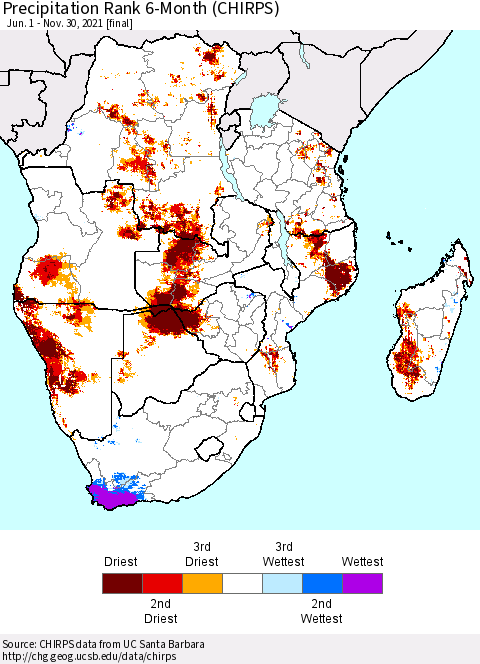 Southern Africa Precipitation Rank since 1981, 6-Month (CHIRPS) Thematic Map For 6/1/2021 - 11/30/2021