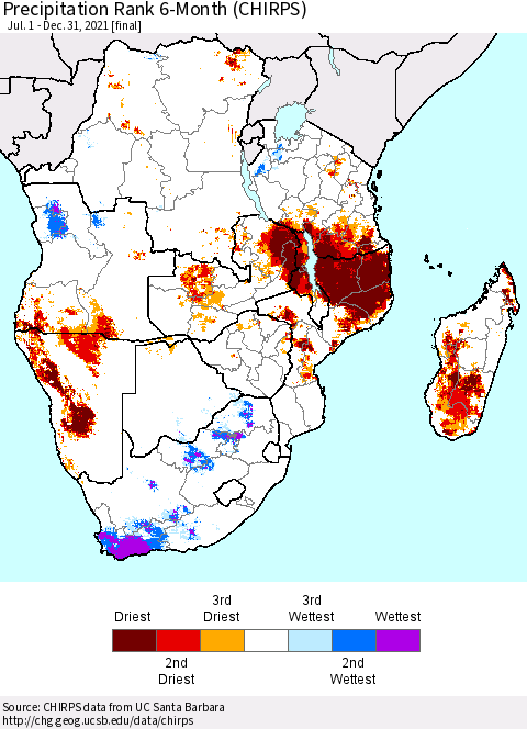 Southern Africa Precipitation Rank since 1981, 6-Month (CHIRPS) Thematic Map For 7/1/2021 - 12/31/2021