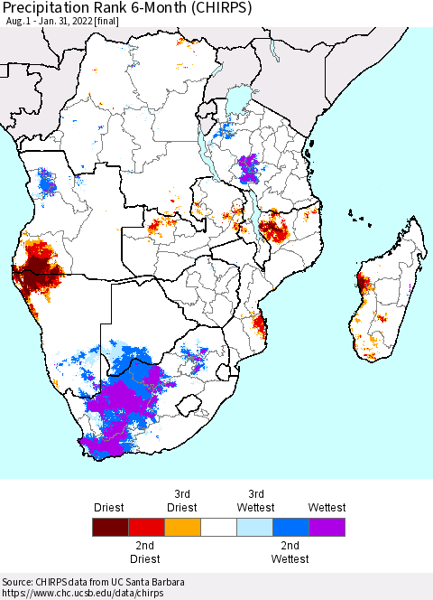 Southern Africa Precipitation Rank since 1981, 6-Month (CHIRPS) Thematic Map For 8/1/2021 - 1/31/2022