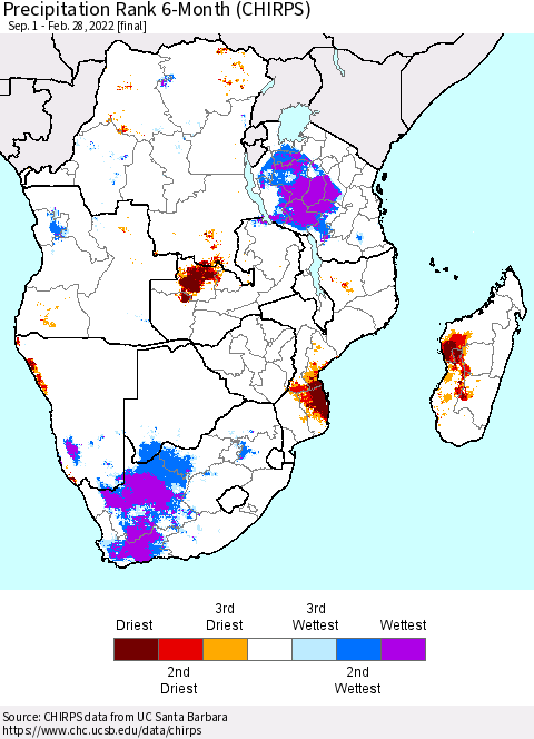 Southern Africa Precipitation Rank since 1981, 6-Month (CHIRPS) Thematic Map For 9/1/2021 - 2/28/2022