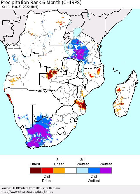 Southern Africa Precipitation Rank since 1981, 6-Month (CHIRPS) Thematic Map For 10/1/2021 - 3/31/2022