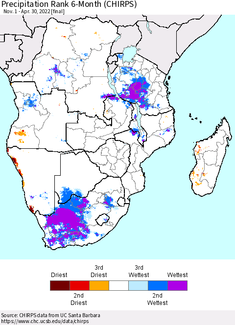 Southern Africa Precipitation Rank since 1981, 6-Month (CHIRPS) Thematic Map For 11/1/2021 - 4/30/2022