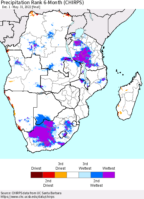 Southern Africa Precipitation Rank since 1981, 6-Month (CHIRPS) Thematic Map For 12/1/2021 - 5/31/2022