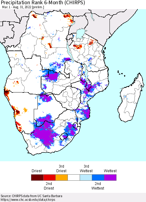 Southern Africa Precipitation Rank since 1981, 6-Month (CHIRPS) Thematic Map For 3/1/2022 - 8/31/2022