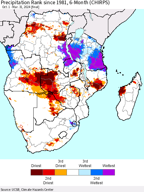 Southern Africa Precipitation Rank since 1981, 6-Month (CHIRPS) Thematic Map For 10/1/2023 - 3/31/2024