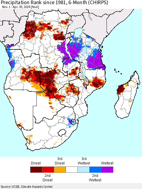 Southern Africa Precipitation Rank since 1981, 6-Month (CHIRPS) Thematic Map For 11/1/2023 - 4/30/2024