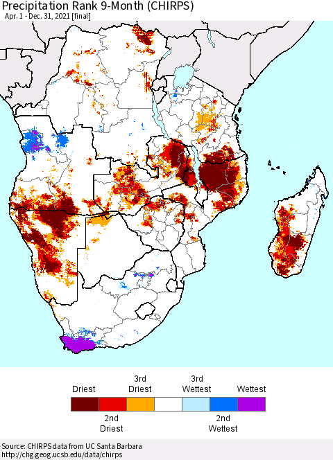 Southern Africa Precipitation Rank since 1981, 9-Month (CHIRPS) Thematic Map For 4/1/2021 - 12/31/2021