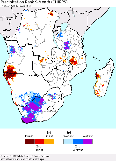Southern Africa Precipitation Rank since 1981, 9-Month (CHIRPS) Thematic Map For 5/1/2021 - 1/31/2022