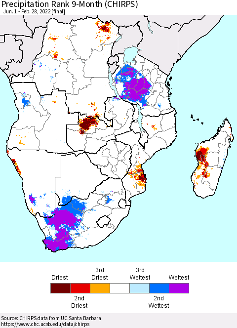 Southern Africa Precipitation Rank since 1981, 9-Month (CHIRPS) Thematic Map For 6/1/2021 - 2/28/2022