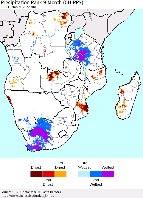 Southern Africa Precipitation Rank since 1981, 9-Month (CHIRPS) Thematic Map For 7/1/2021 - 3/31/2022
