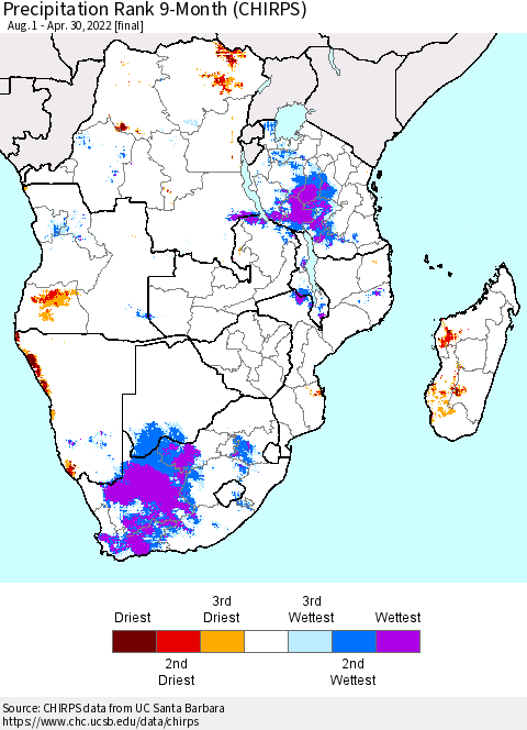 Southern Africa Precipitation Rank since 1981, 9-Month (CHIRPS) Thematic Map For 8/1/2021 - 4/30/2022