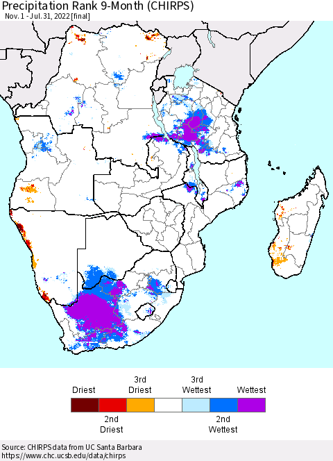 Southern Africa Precipitation Rank since 1981, 9-Month (CHIRPS) Thematic Map For 11/1/2021 - 7/31/2022