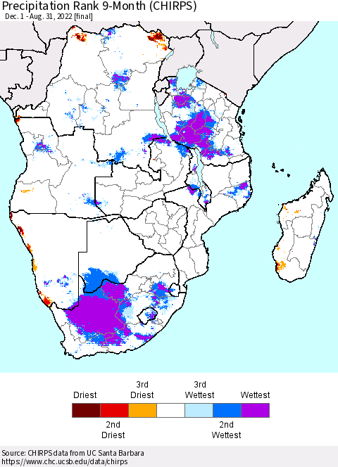 Southern Africa Precipitation Rank since 1981, 9-Month (CHIRPS) Thematic Map For 12/1/2021 - 8/31/2022