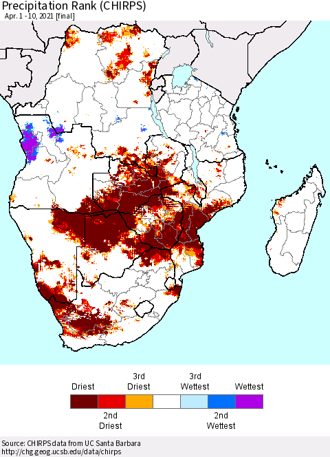 Southern Africa Precipitation Rank since 1981 (CHIRPS) Thematic Map For 4/1/2021 - 4/10/2021