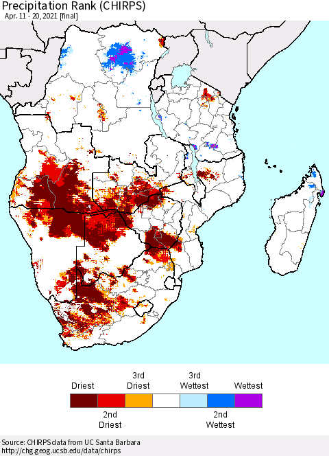 Southern Africa Precipitation Rank since 1981 (CHIRPS) Thematic Map For 4/11/2021 - 4/20/2021