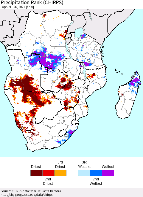 Southern Africa Precipitation Rank since 1981 (CHIRPS) Thematic Map For 4/21/2021 - 4/30/2021