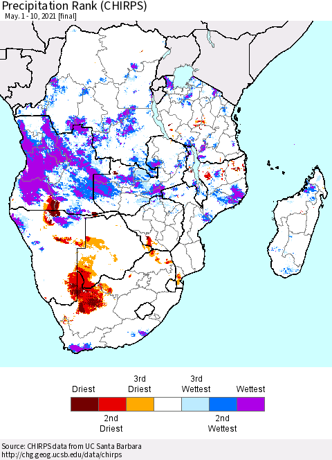 Southern Africa Precipitation Rank since 1981 (CHIRPS) Thematic Map For 5/1/2021 - 5/10/2021