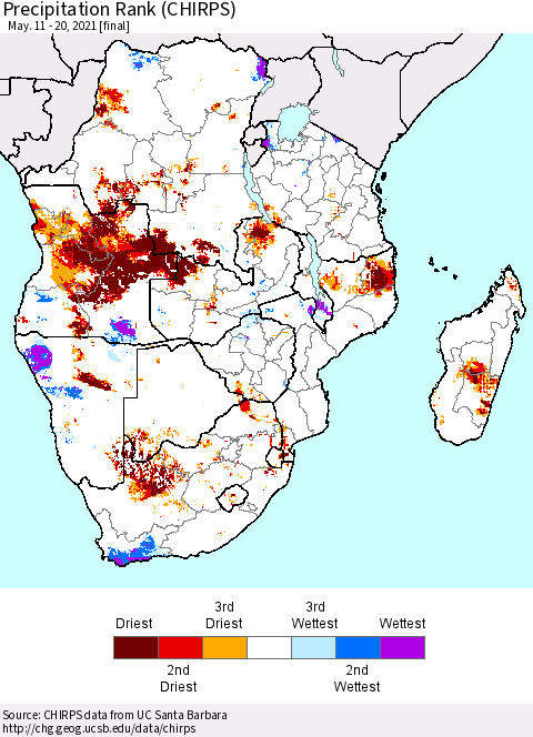Southern Africa Precipitation Rank since 1981 (CHIRPS) Thematic Map For 5/11/2021 - 5/20/2021