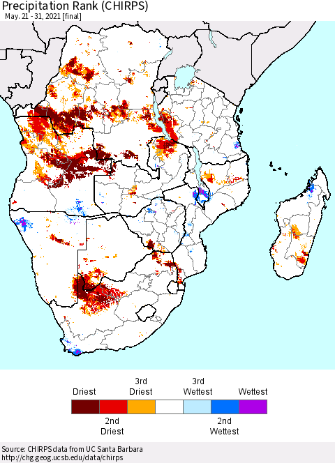 Southern Africa Precipitation Rank since 1981 (CHIRPS) Thematic Map For 5/21/2021 - 5/31/2021