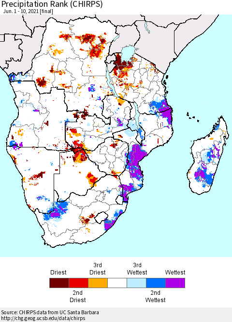 Southern Africa Precipitation Rank since 1981 (CHIRPS) Thematic Map For 6/1/2021 - 6/10/2021
