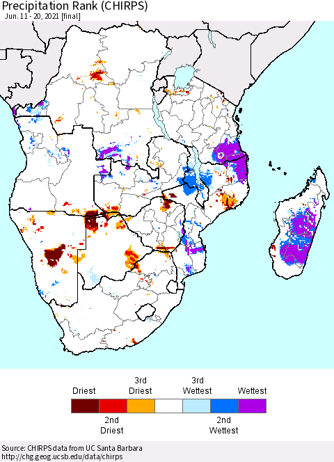 Southern Africa Precipitation Rank since 1981 (CHIRPS) Thematic Map For 6/11/2021 - 6/20/2021