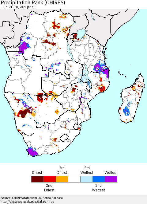 Southern Africa Precipitation Rank since 1981 (CHIRPS) Thematic Map For 6/21/2021 - 6/30/2021
