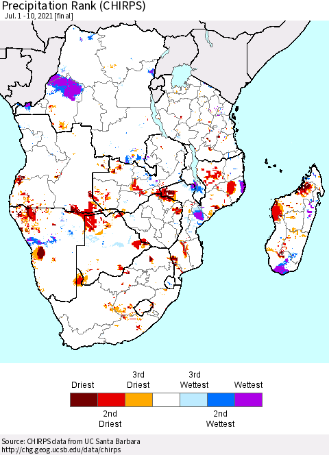 Southern Africa Precipitation Rank since 1981 (CHIRPS) Thematic Map For 7/1/2021 - 7/10/2021