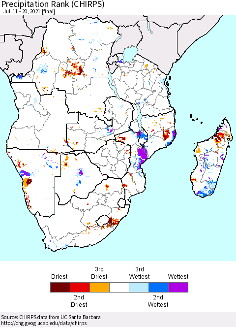 Southern Africa Precipitation Rank since 1981 (CHIRPS) Thematic Map For 7/11/2021 - 7/20/2021