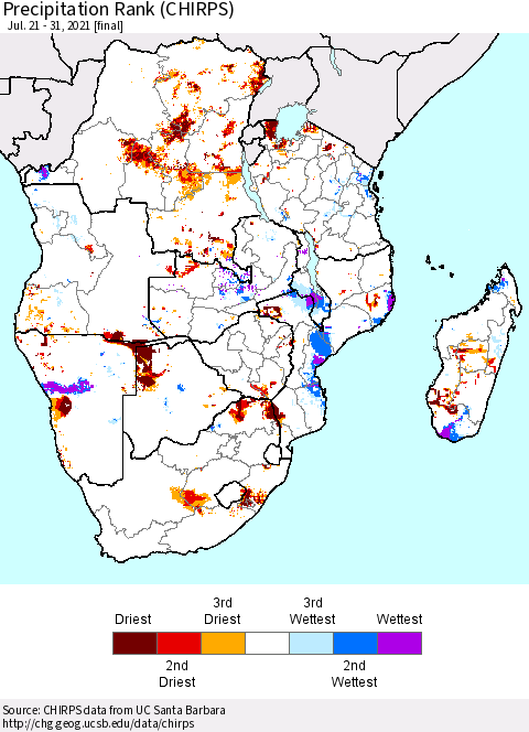Southern Africa Precipitation Rank since 1981 (CHIRPS) Thematic Map For 7/21/2021 - 7/31/2021