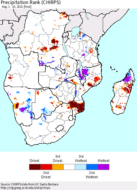 Southern Africa Precipitation Rank since 1981 (CHIRPS) Thematic Map For 8/1/2021 - 8/10/2021
