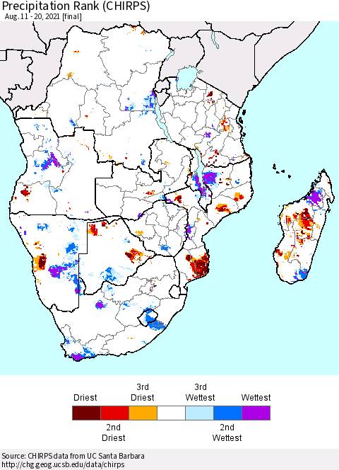 Southern Africa Precipitation Rank since 1981 (CHIRPS) Thematic Map For 8/11/2021 - 8/20/2021