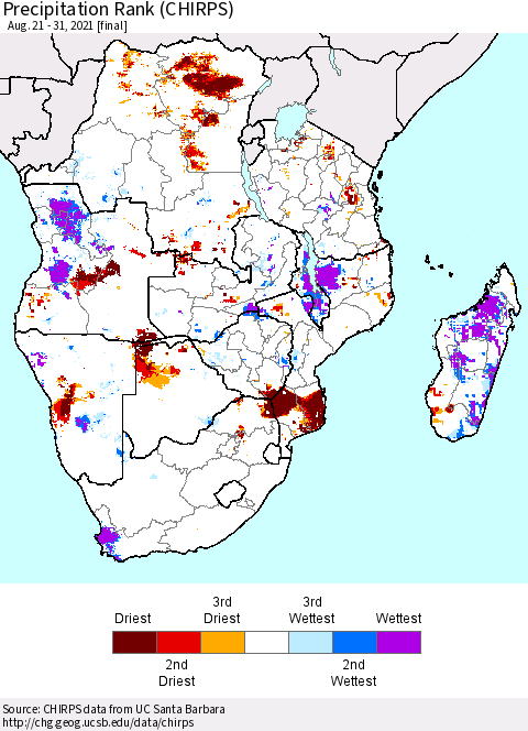 Southern Africa Precipitation Rank since 1981 (CHIRPS) Thematic Map For 8/21/2021 - 8/31/2021