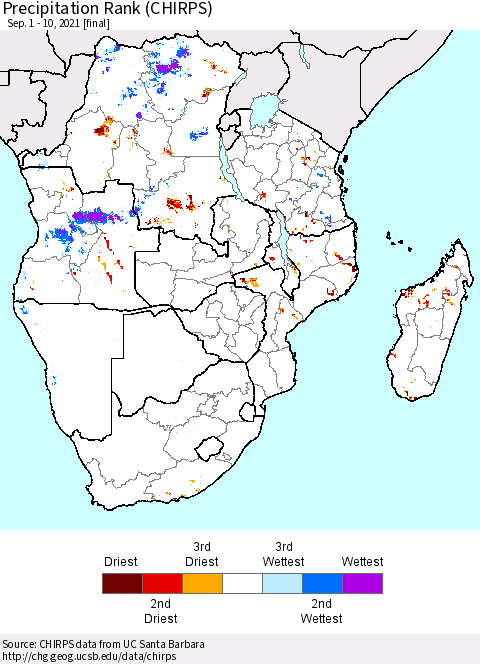Southern Africa Precipitation Rank since 1981 (CHIRPS) Thematic Map For 9/1/2021 - 9/10/2021
