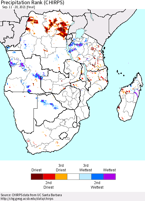 Southern Africa Precipitation Rank since 1981 (CHIRPS) Thematic Map For 9/11/2021 - 9/20/2021